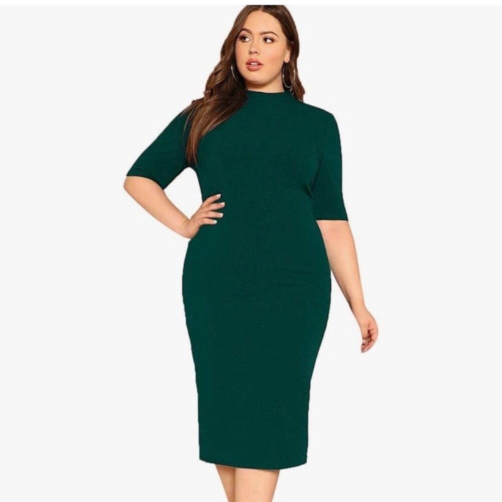 NWT Floerns Women's Plus Size Deep Green Mock Neck Bodycon Pencil Midi Dress
